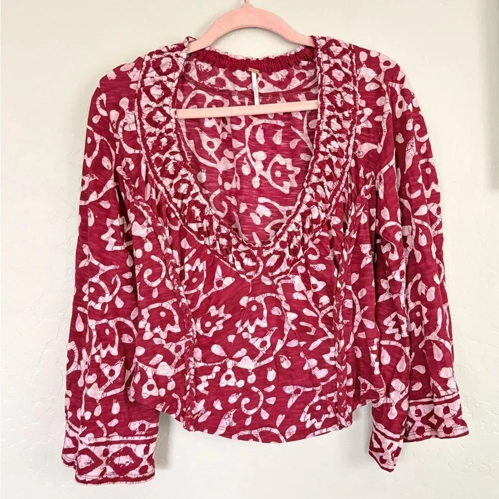 Free People On the Block Bell Sleeve Boho Patterned Top Berry Combo Medium